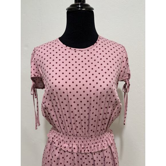 Gal Meets Glam Pink Polka Dot Corinne Smocked Waist Midi Dress Size 4 - Picture 3 of 7